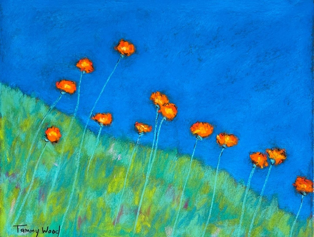 Indian Paintbrushes By Lake, Pastel on La Carte paper, 8”x10”, white frame, white mat, 15”x19”, $250